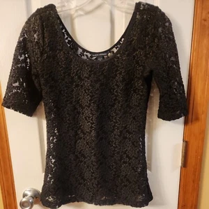 Banana Republic Black/Gold Metallic Lace Mesh Tunic Stretch Shiny top Blouse S - Picture 1 of 8