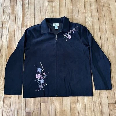 Chaqueta Teddi Mujer Años 80 Vintage Negra Floral Bordada Cremallera Completa Talla L Foto 1 de 4