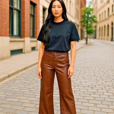 KUT Women's Size 14 High Rise Meg Fab Ab Wide Leg Faux Leather Brown Pants - Image 1 of 4