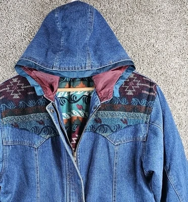 Vintage 90s Southwestern Aztec Denim Coat Women's Large Blanket Lined Outbrook - Image 1 of 4