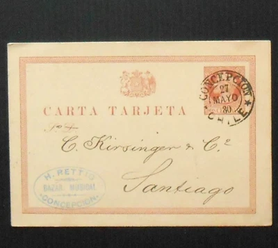Tarjeta Postal Clásica Chile 1880 2c-Concepción Cancelar, Santiago Backstamp Foto 1 de 2