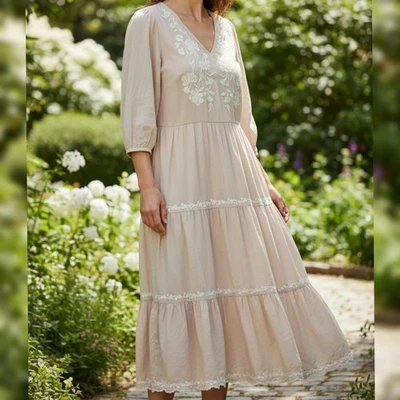 Lucky Brand Embroidered Tiered Peasant Midi Skirt L Tan - Image 1 of 4