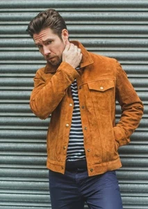 Men's Real Suede Leather Tan Trucker Jacket Western Wear Denim Style Coat - Picture 1 of 6