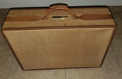 Hartmann Vintage Brown Tweed Brown Leather Belted Suitcase Luggage 25”x 19”x 8” - Image 1 of 4