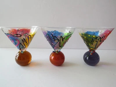 Juego de 3 vástagos de bola de burbuja de vidrio Martini pintados/soplados a mano ámbar naranja púrpura Foto 1 de 4