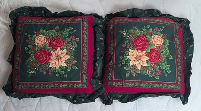 Par de almohadas a juego con volantes de acebo flor de Navidad de colección hechas a mano verde EE. UU. Foto 1 de 4