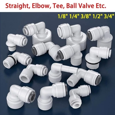 1/8" ~ 3/4" Push Fit Pipe Fittings for RO Unit Water Filter Straight Elbow Tee - Image 1 of 4