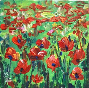 Original Poppy Field Painting Red Flowers Impressionist Art Floral Landscape - Picture 1 of 6