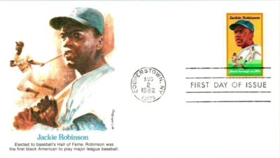 БЕЙСБОЛЬНАЯ КАРТОЧКА ДЖЕКИ РОБИНСОН ПЕРВАЯ ЧЕРНАЯ MLPCOOPERSTOWN NYFLEETWOOD CACHET FDC UNA - Изображение 1 из 2