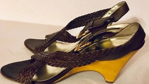 Enzo Angiolini Woven Brown Gold Side Buckle Leather Wedge Wooden Heels Sz 8M EUC - Picture 1 of 9
