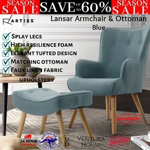 Artiss Armchair Set with Ottoman Blue Lansar Lounge Fabric Accent Chair Sofa New - Picture 1 of 12