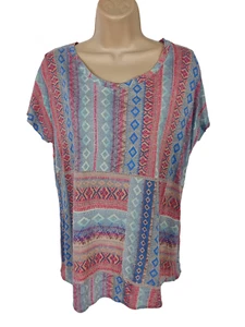 WOMENS M&S INDIGO AZTEC PATTERN SHORT SLEEVE TOP T-SHIRT SCOOP NECK SIZE UK 8 - Picture 1 of 5