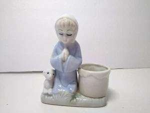 Vintage Porcelain Candle Holder Figurine Praying Child With Lamb Easter - Picture 1 of 12