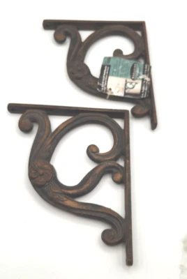 Pair of Cast Iron Shelf Bracket Lot French Scroll Antique Brass Style Distressed - Image 1 of 4