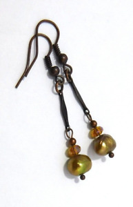 PRETTY PATINAED COPPER LINK WITH PEARLS DROP EARRINGS