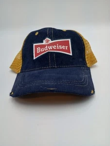 VTG Budweiser Corduroy SnapBack Mesh Hat Blue Yellow Made In USA Mens Trucker - Picture 1 of 6