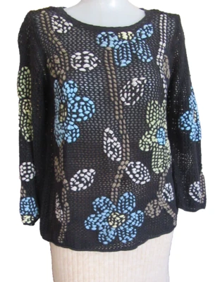 Suéter De Colección Sigrid Olsen Deportivo Floral Negro Colorido Tejido Bordado PS Foto 1 de 4