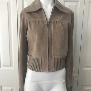 Co-Op Women’s Suede Jacket Small 100% Leather Full Zip Lined  Knit Trim Beige - Picture 1 of 8