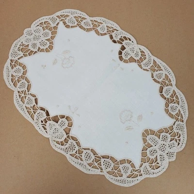 Vintage Embroidery Table Runner Dresser Doily Oval Beige 16x11 Inch - Image 1 of 3