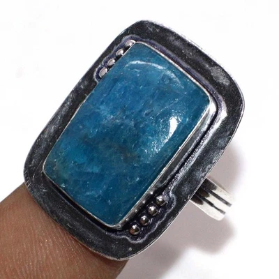Anillo étnico enchapado en plata 925 azul apatita hecho a mano joyería talla US 13 MJ Foto 1 de 3
