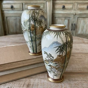 Pair Antique Satsuma Koshida (越田)6.5" Meiping Vases, period: 1912-1926 landscape - Picture 1 of 24