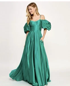 CITY STUDIO Womens Satin Pouf Sleeve Green Long Formal Gown Dress 5/6 New - Picture 1 of 6