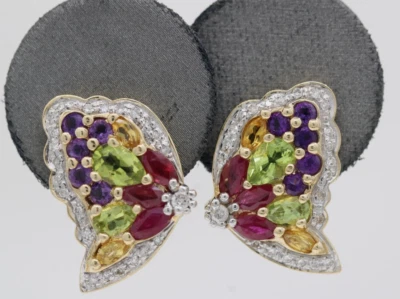 14K Yellow Gold Multi-Gemstone Butterfly Omega Stud Earrings 9.3 Grams - Image 1 of 4