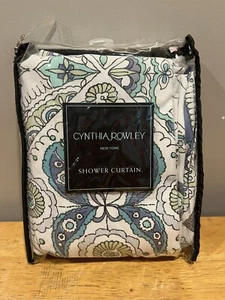 CYNTHIA ROWLEY Parisian Tile Blue Teal Cotton Blend Fabric Shower Curtain 72x72" - Picture 1 of 2