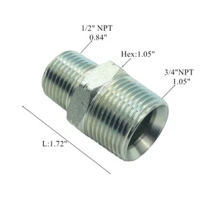 1/2" x 3/4" Male NPT Hex Nipple Plated Steel Hydraulic Adapter Fitting - Picture 1 of 4