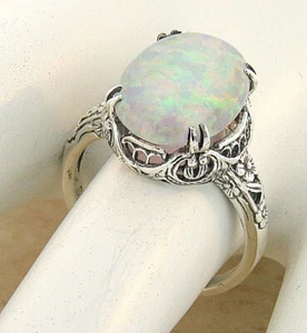 NOUVEAU ANTIQUE STYLE 925 STERLING SILVER LAB-CREATED OPAL FILIGREE RING #957 - Picture 1 of 4