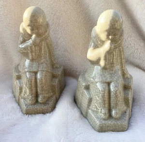 ANTIQUE ART POTTERY PAIR OF BOOKENDS HARLEQUIN CHILD AMC BELGIUM - Picture 1 of 5