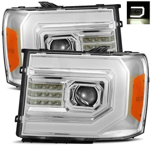 For 07-13 Sierra 1500/2500/3500 DRL LED Tube Chrome Dual Projector Headlights - Picture 1 of 7