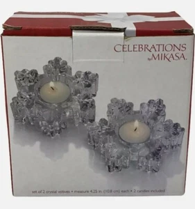 MIKASA SET OF 2 SNOWFLAKES CRYSTAL VOTIVES 4.25" ( 10.8 cm) EACH WITH 2 CANDLES - Picture 1 of 4