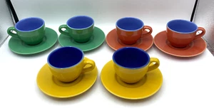 Set of 6 Two Tone Tea Cups Demi and Saucers Green, Red, and Yellow - Picture 1 of 4