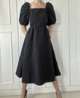 Iris Black Midi Dress With Puff Sleeves And Concealed Side Pockets Size S 8-12