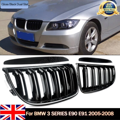 FOR BMW 3 SERIES E90 E91 GLOSS BLACK DUAL SLAT FRONT KIDNEY GRILLES GRILLS 05-08 - Image 1 of 4
