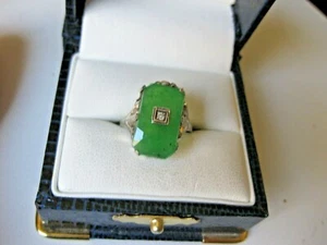 ANTIQUE 14K WHITE GOLD FILIGREE RING:GREEN AGATE & DIAMOND,ART DECO - Picture 1 of 6