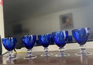 Set Of 5 Vintage Bohemia Czech Wine Glass Cobalt Blue/Clear Pedestal 5.5", 12oz - Picture 1 of 12