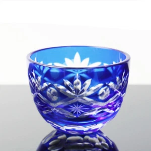 Kiriko Glass Sake Cup 30ml Handcrafted Cobalt Blue Japanese Motif Made in Japan - Picture 1 of 4