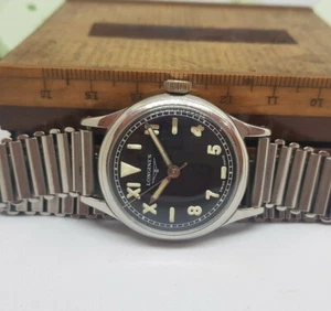 RARO AÑOS 40 W.W.W. II LONGINES ESFERA NEGRA CUERDA MANUAL RELOJ HOMBRE CORREA BONKLIP - Imagen 1 de 12