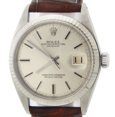 Mens Rolex Datejust 1601 Stainless Steel 18K White Gold Watch Silver Dial Brown - Image 1 of 4