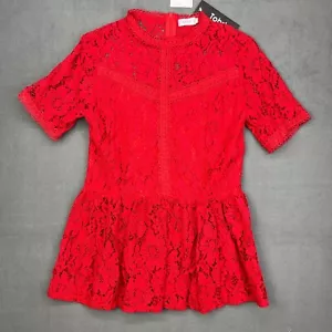 Tobrief Blouse Top Shirt Womens Extra Small XS Short Sleeve Sexy Sheer Lace Red - Picture 1 of 12