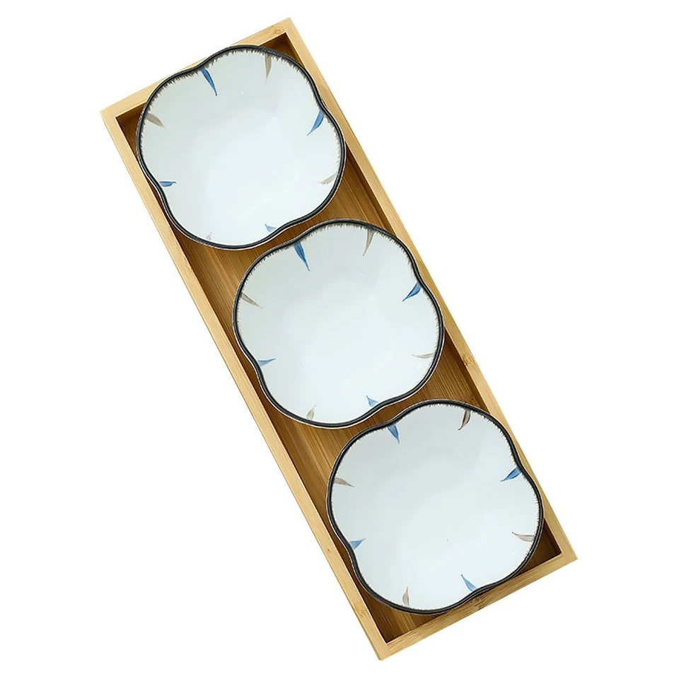 1 set di piattini in ceramica per snack in stile giapponese con vassoio in legno - Immagine 1 di 4