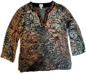 Chico's Top Gr. 1 Samt Ausbrenner Tunika Blumen bestickt V-Ausschnitt Boho Artsy - Bild 1 von 7