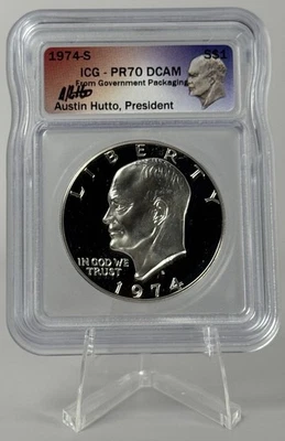 1974-S Silver Ike Dollar Proof ICG PR70 DCAM Austin Hutto Signed Brilliant Unc - Image 1 of 2