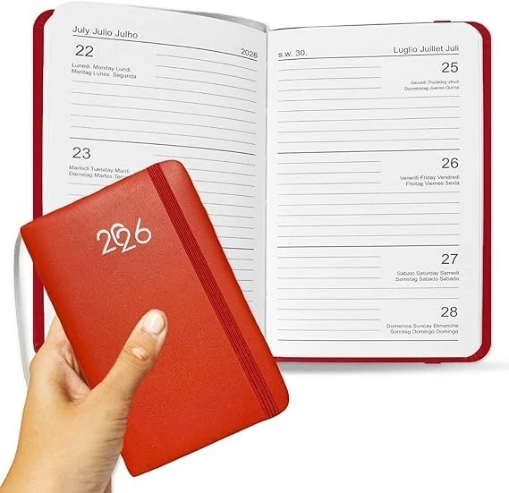 Agenda Settimanale 2026 Tascabile - Rossa, Copertina in PU Morbido con elastico - Immagine 1 di 4