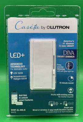 Lutron LED+ Diva Smart Dimmer DVRF-6L-WH-R para Caseta Smart Lighting, 150 vatios. Foto 1 de 2