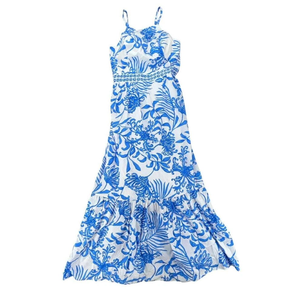 Lilly Pulitzer Maxi Dress Blue Floral Print Tiered Ruffle Spaghetti Straps - Image 1 of 4