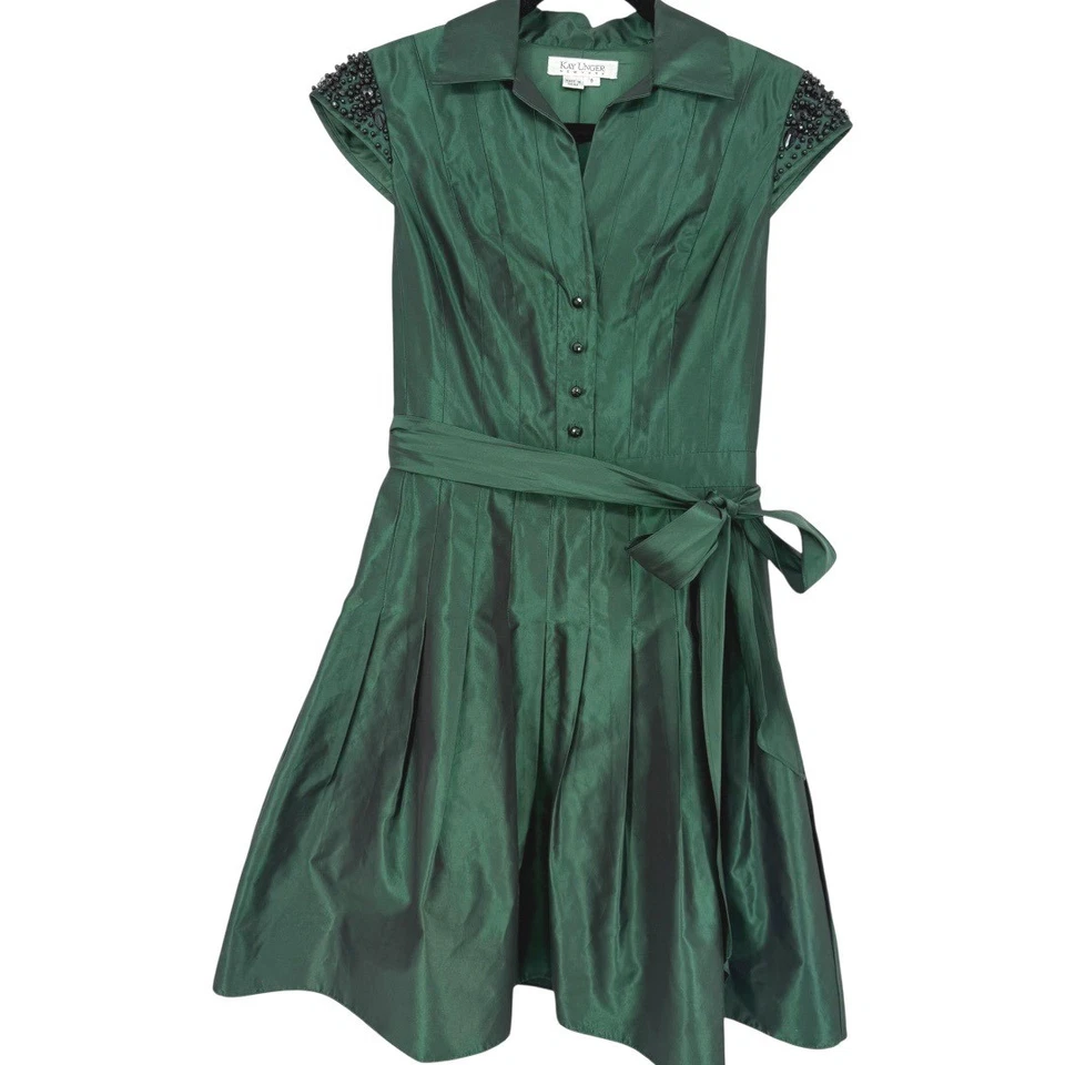 Vestido de cóctel Kay Unger vintage de seda con cuentas verde esmeralda talla 8 femenino Foto 1 de 4