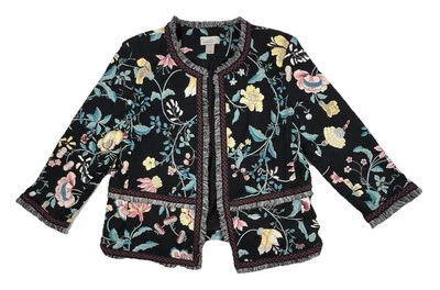 LOFT OUTLET Womens 12 Black Floral Embroidered Fringe Open Jacket Boho - Image 1 of 4